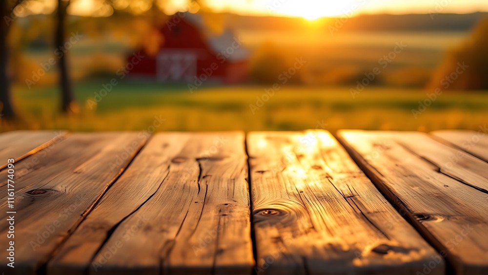 Poster a close up of a rustic empty wooden table with blurred farm background