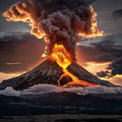 Fototapeta premium Erupting Volcano Dramatic Landscape Fiery Lava Flow Night Sky Nature Disaster