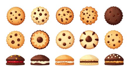 Delicious Cookie Illustration Set with Chocolate Chips and Cream Fillings for Dessert and Bakery Design