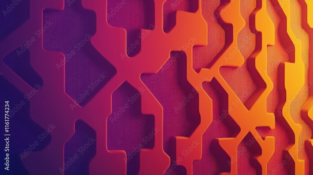 Poster abstract background with vibrant orange and purple gradient, featuring a complex geometric pattern o