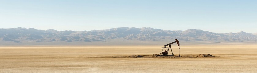 Obraz premium An oil pump jack stands alone in a vast, arid landscape against distant mountains.