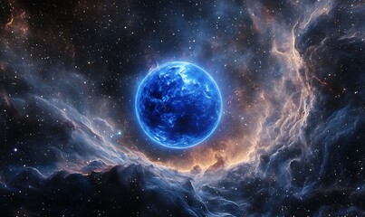 Obraz premium A vibrant blue planet amidst a cosmic backdrop of stars and nebulae.