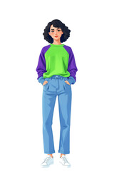 Fototapeta premium Young Woman in Colorful Sweatshirt and Jeans with White Sneakers