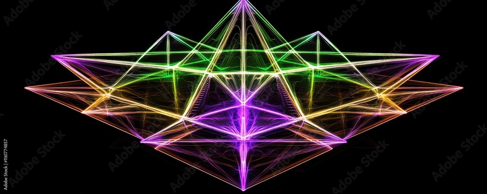 Poster a colorful, abstract 3d geometric design with pyramids and lines radiating light.