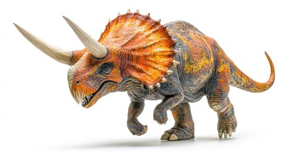 A colorful, detailed model of a Triceratops dinosaur in a dynamic pose.