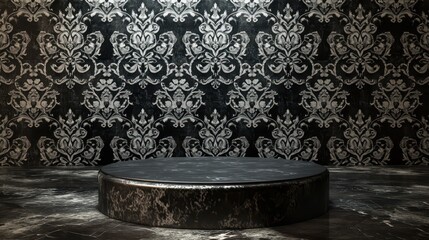 Fototapeta premium Dark Marble Pedestal Against Ornate Wallpaper Background