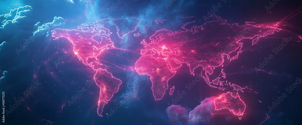 Poster a vibrant digital representation of a world map with glowing connections.