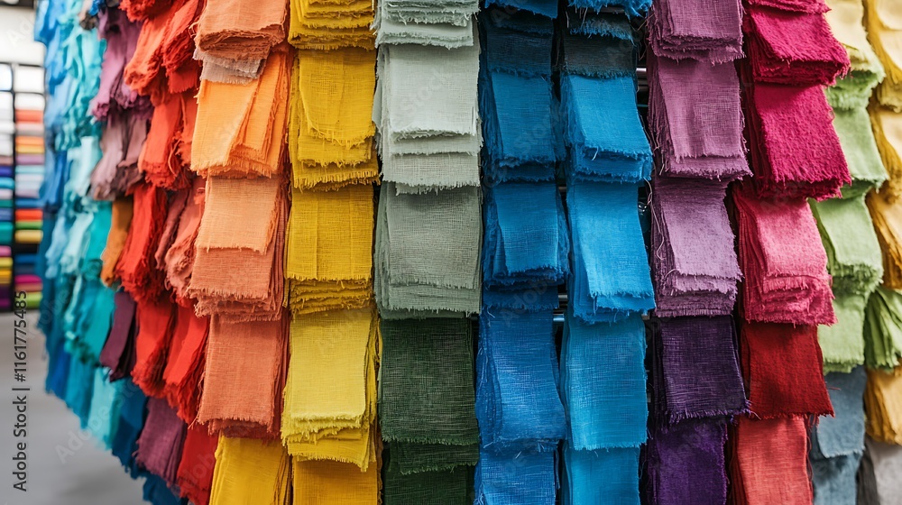 Poster a vibrant display of colorful fabric swatches arranged in a visually appealing manner.