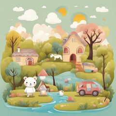 Obraz premium cute children's landscape background illustration