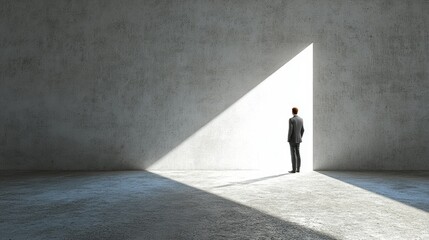 Businessman standing in a large, empty room, looking towards a triangular light source in a concrete wall.