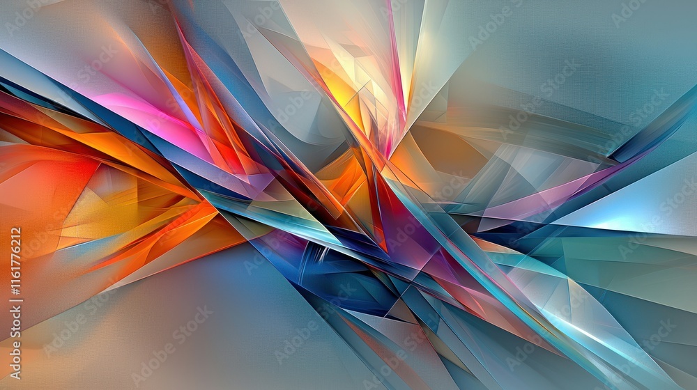 Poster abstract colorful geometric shapes intersecting, creating a dynamic and vibrant composition.
