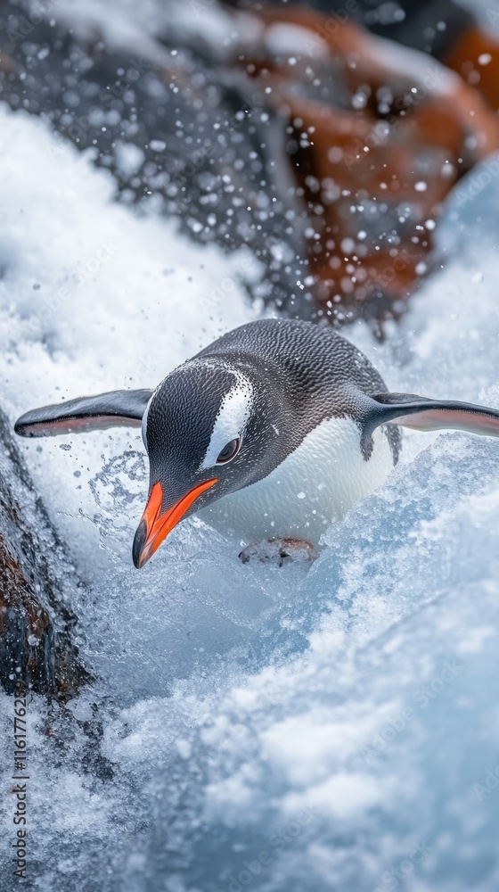 Poster a penguin leaps through splashing water, showcasing its agility in a dynamic natural setting.