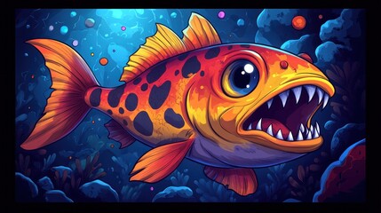 Fototapeta premium Cartoon fierce orange fish with big teeth in ocean.