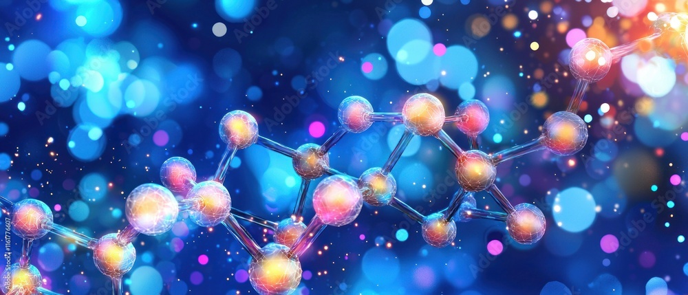 Poster abstract colorful molecule model on bokeh background.
