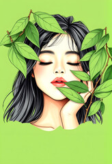 Fototapeta premium Portrait of beautiful girl with closed eyes posing with green leaves isolated on green, color sketch, with white tones