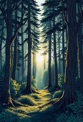 Image of beautiful forest with sunlight and fairy tale mood, one line art, with white tones
