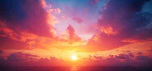 Obraz premium A vibrant sunset over the ocean, with colorful clouds reflecting the light.