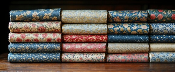 Stack of Vintage Floral Fabric Bolts in Muted Tones