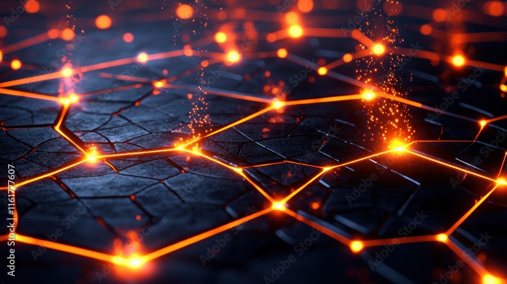 Poster abstract dark hexagonal grid with glowing orange lines and particles, resembling a network or connec