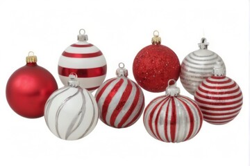"Nine Festive Christmas Ornaments with Shiny Finish and Various Colors on White Background"
