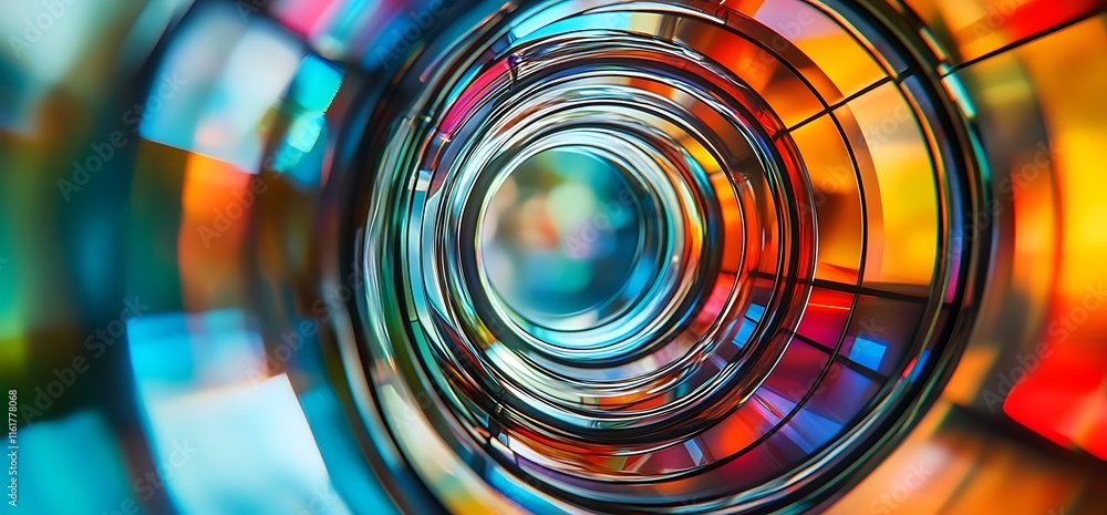 Poster a vibrant, abstract view through a circular glass structure with colorful reflections.