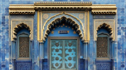 Ornate Blue Mosque Entrance With Golden Accents