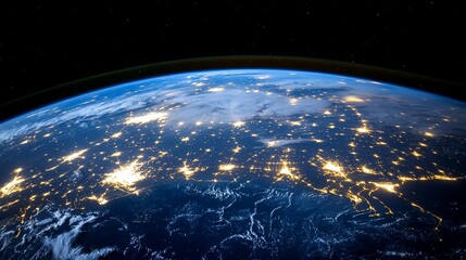 Obraz premium A view of Earth from space, showcasing city lights at night.