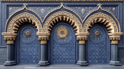 Obraz premium Ornate Blue Wall With Three Golden Arches