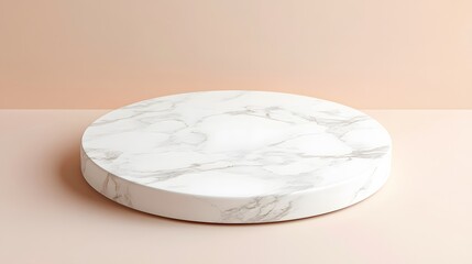 A white marble podium with intricate veining, featuring a large, empty space for product placement, against a soft pastel background.