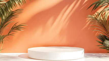 Obraz premium A glossy white podium with clean edges and an empty display area, on a soft coral-colored backdrop.