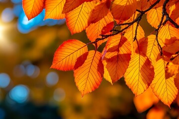 Fototapeta premium A close up of vibrant orange autumn leaves on a branch against a blurred background of blue and yellow hues