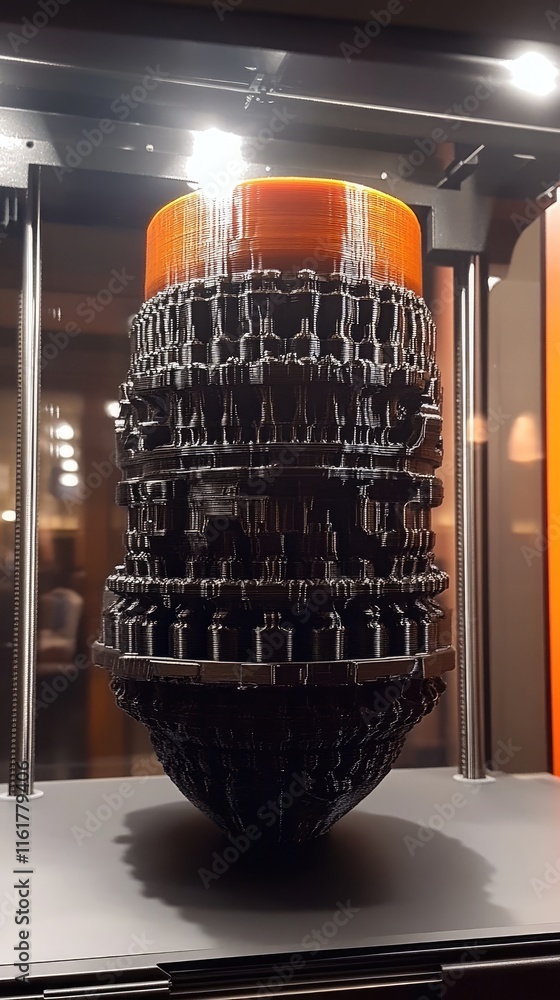 Poster a detailed 3d-printed model resembling a complex engine or turbine component.