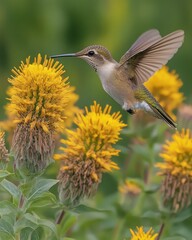 Fototapeta premium A hummingbird hovering near vibrant yellow flowers in a lush green environment.