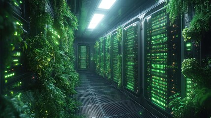 Lush greenery thrives in futuristic server room.