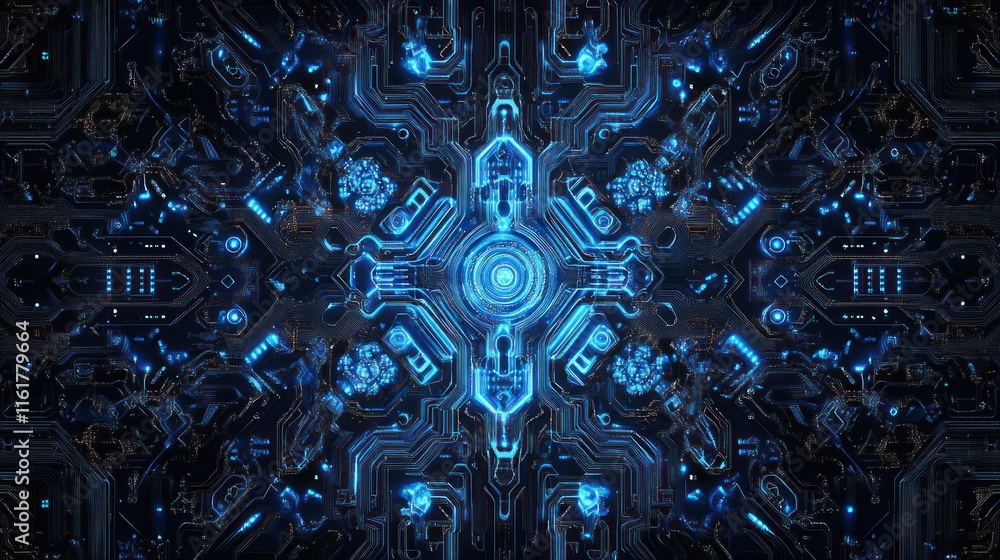Poster abstract futuristic tech background with glowing blue circuits and symmetrical design.