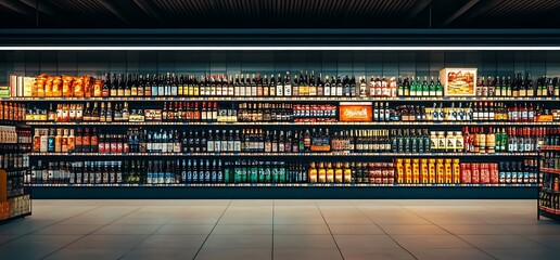 A well-stocked beverage aisle in a modern grocery store.
