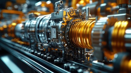 Fototapeta premium Close-up of complex metallic industrial machinery with gold components.