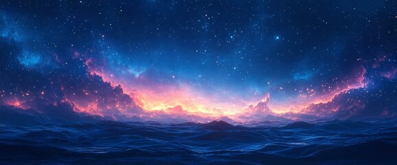 Fototapeta premium Celestial Seascape Glowing Mountains Under a Starry Sky