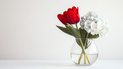 A stunning arrangement of red tulip and white hydrangea flowers.