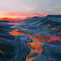 
Lava flows from Mount Fagradalsfjall, aerial evening view, Iceland, Generative AI