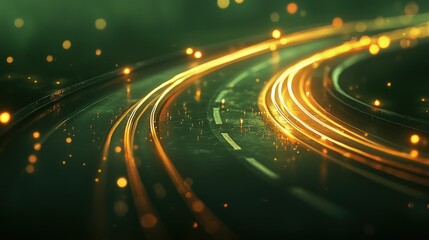 Fototapeta premium Abstract glowing curves and lines on dark green background.
