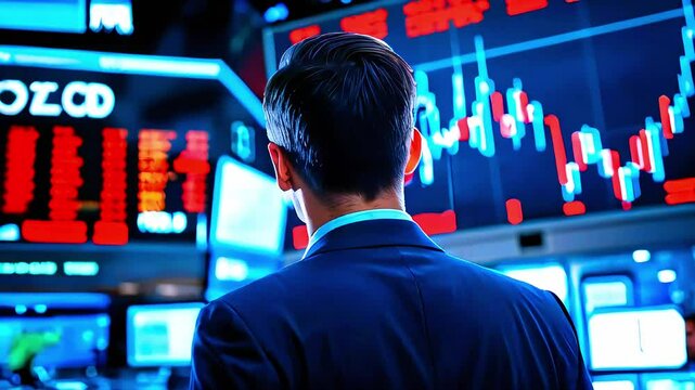 Market Volatility and Candlestick Charts in a Dramatic Trading Floor Setting