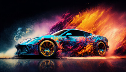 Vibrant Sports Car with Dramatic Colorful Flames Background
