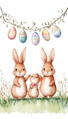 Obraz premium A charming illustration of three rabbits with decorated Easter eggs above them.