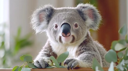 Naklejka premium A close-up of a koala resting on a branch surrounded by greenery.