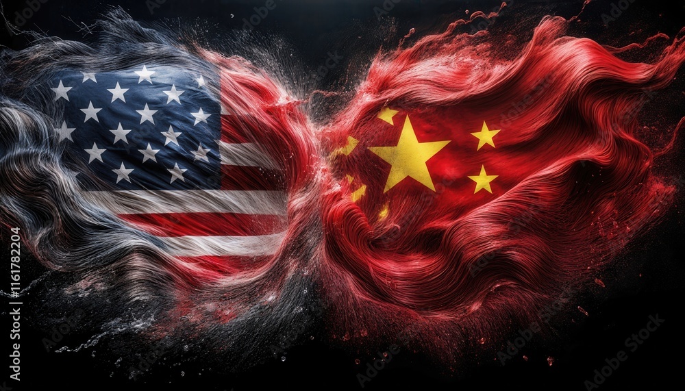 Poster us and china flags merging in dynamic artistic representation