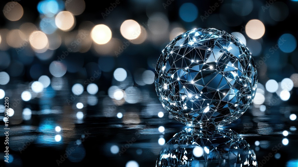 Poster abstract glowing sphere with network connections, reflected on dark surface with bokeh lights.