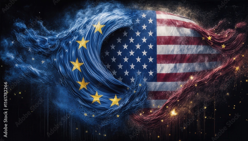 Poster multinational cooperation: symbolic representation of eu and us flags