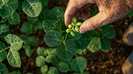 Farmer holding and examining young soybean plant in cultivated field