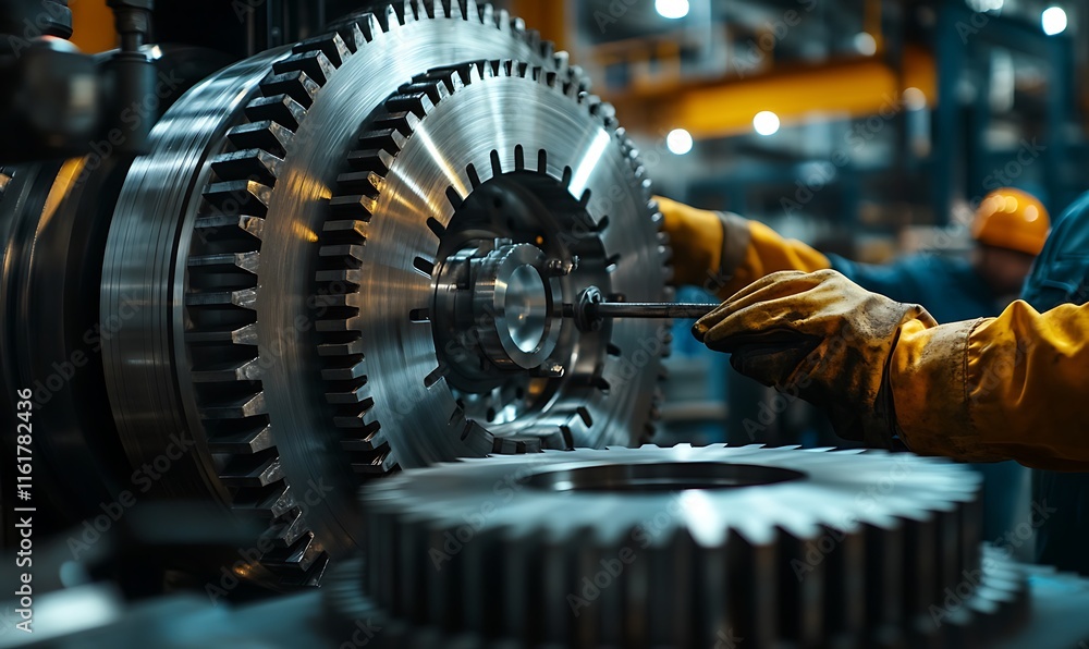 Poster a worker assembling large gears in an industrial setting.
